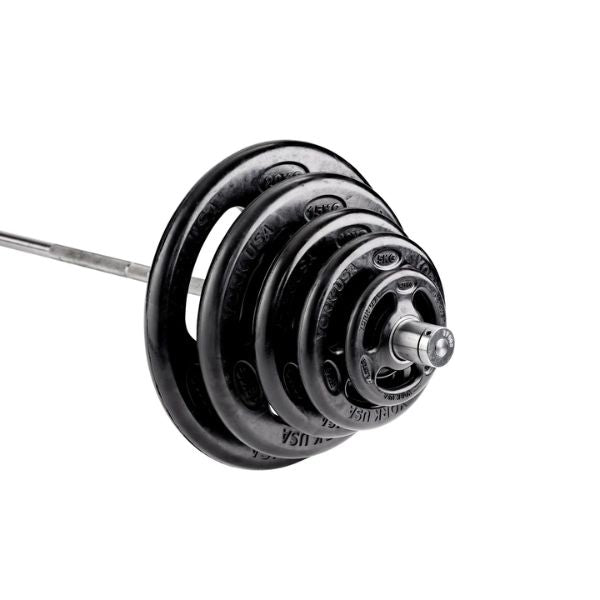 York Barbell 2″ Iso-Grip Rubber Encased Steel Olympic Plate Sets — full setup angle