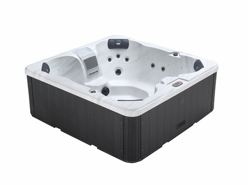 Liberty Spas LYS4500 5-person plug and play hot tub angled view with dark cabinet