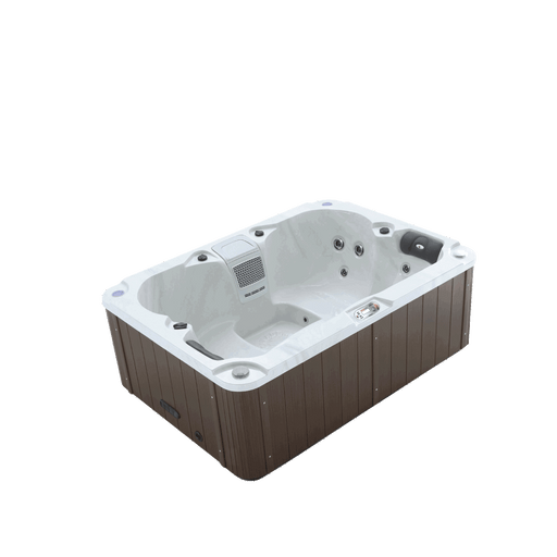 Liberty Spas LYS4000 4-person plug and play hot tub angled view with synthetic wood cabinet