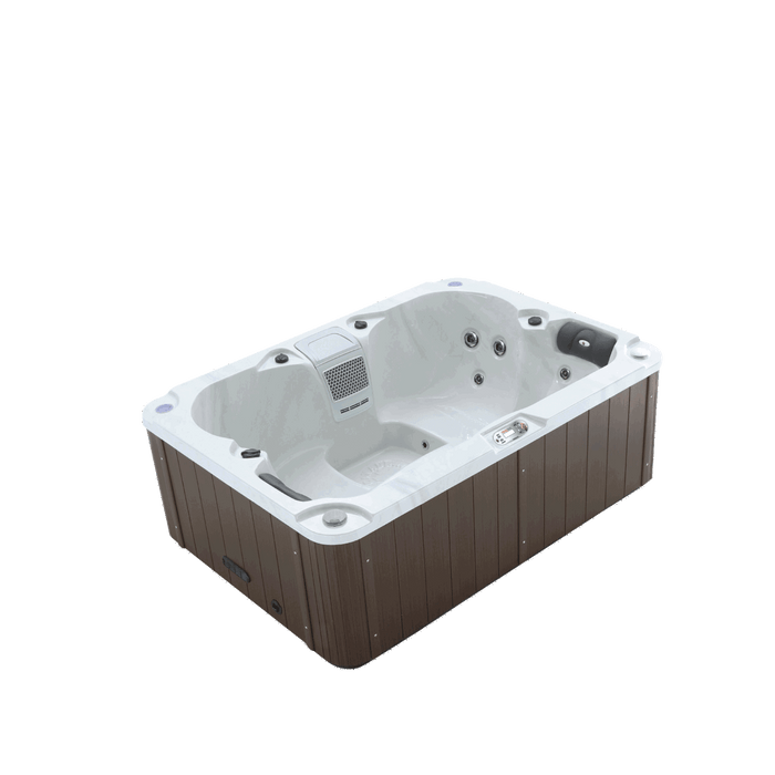 Liberty Spas LYS4000 4-person plug and play hot tub angled view with synthetic wood cabinet