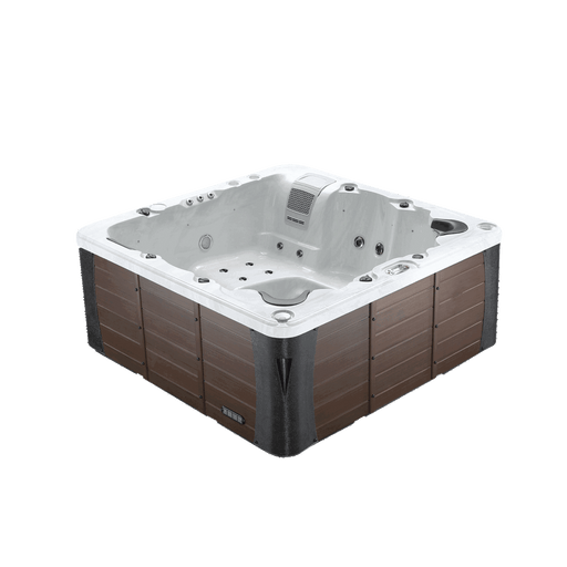 Liberty Spas LYS6000 6-person 240V hot tub angled view with synthetic wood cabinet