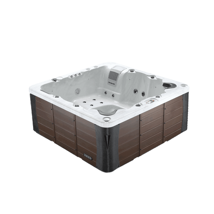 Liberty Spas LYS6000 6-person 240V hot tub angled view with synthetic wood cabinet