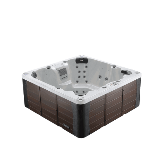 Liberty Spas LYS7000 7-person 240V hot tub angled view with synthetic wood cabinet