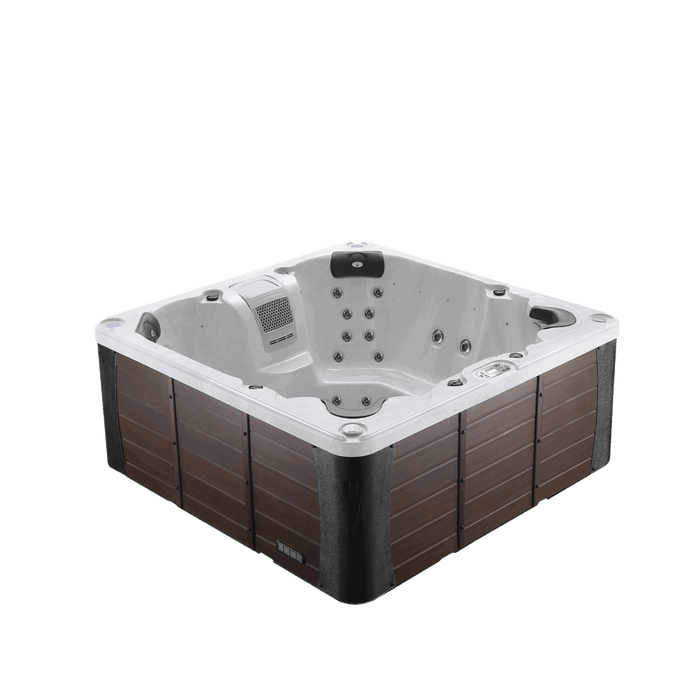 Liberty Spas LYS7000 7-person 240V hot tub angled view with synthetic wood cabinet