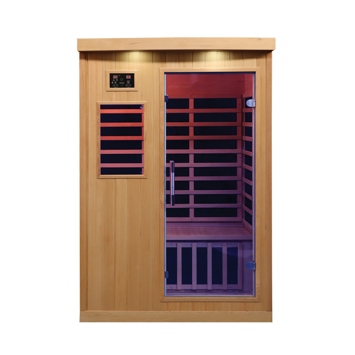 Sweat Therapy Tremblant 2-person far infrared sauna front view, hemlock cabin with glass door