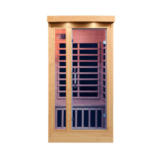 Sweat Therapy Tremblant 1-person far infrared sauna front view, hemlock cabin with glass door