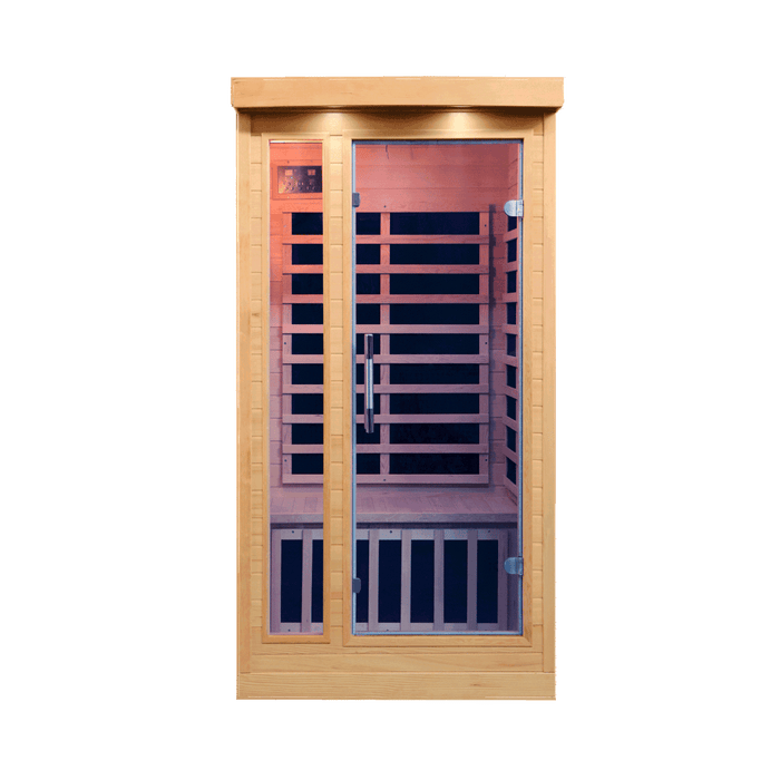 Sweat Therapy Tremblant 1-person far infrared sauna front view, hemlock cabin with glass door