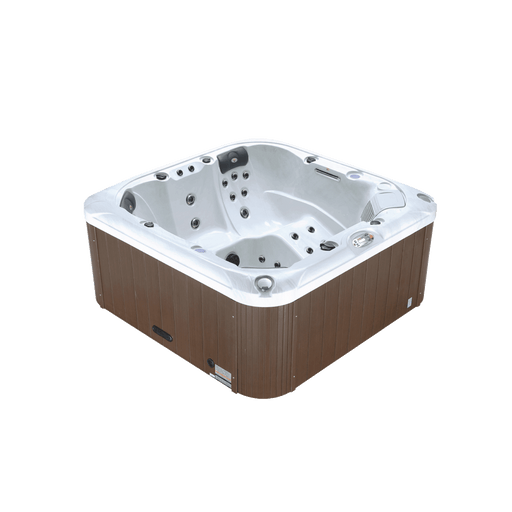 Liberty Spas LYS5000 6-person 240V hot tub angled view with synthetic wood cabinet