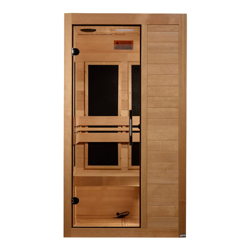 Maxxus S-Line 1-person low EMF far infrared sauna angled exterior view