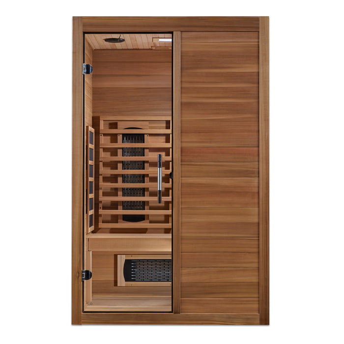 Maxxus S-Line 2-person full spectrum Pacific Cedar sauna angled exterior view