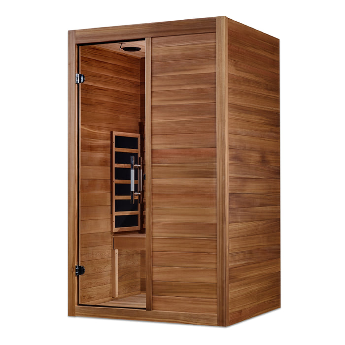 Maxxus S-Line 2-person full spectrum Pacific Cedar sauna side angle view