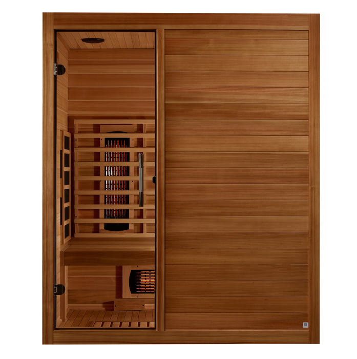 Maxxus S-Line 3-person full spectrum Pacific Cedar sauna angled exterior view