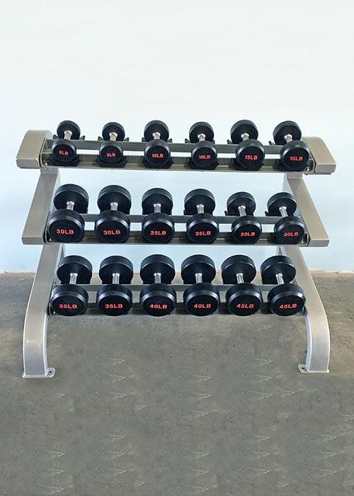 Muscle D Fitness Muscle D Fitness Three Tier 9 Pairs Dumbbell Rack - Muscle D Fitness -  Commercial Grad... — full setup angle