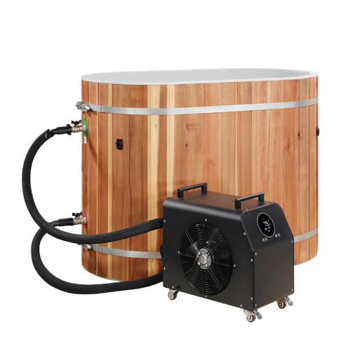 Oval cedar barrel plunge tub shown beside an optional 0.8 HP chiller