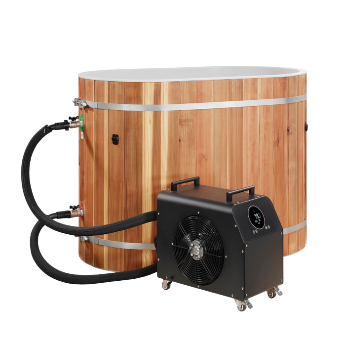 Oval cedar barrel plunge tub shown beside an optional 0.8 HP chiller