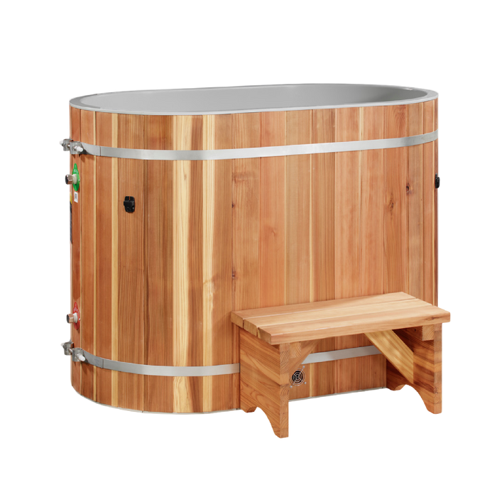 Dynamic Cold Therapy oval cedar barrel cold plunge tub front view with entry step