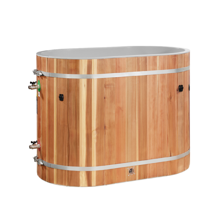 Oval cedar barrel plunge front view showing 3/4 inch in/out valves