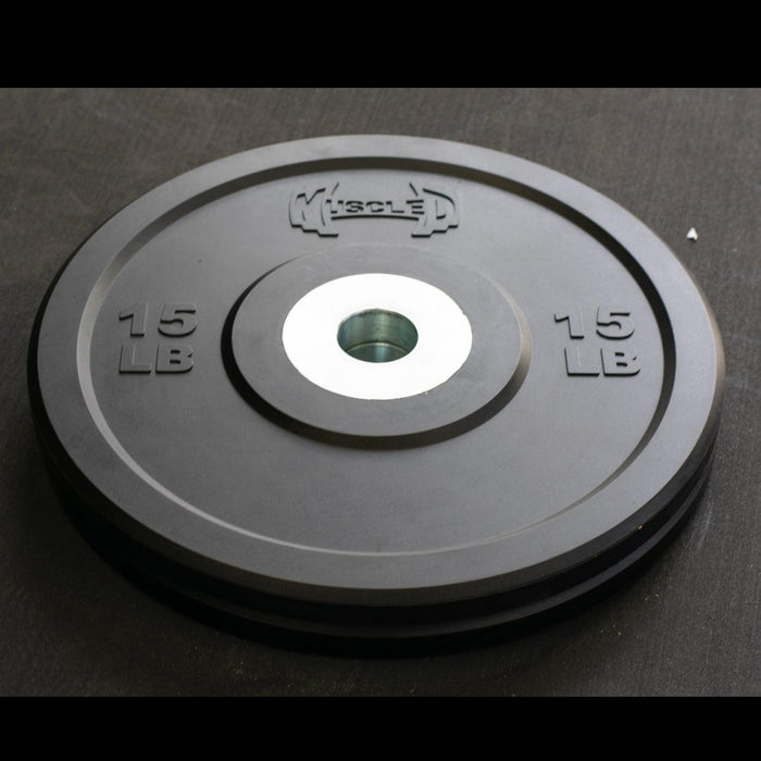 Muscle D Fitness Pro Bumper Training Plates with Center Steel Hub Virgin Rubber — full setup angle