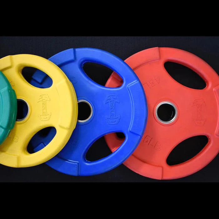 Muscle D Fitness RUBBER COATED COLORED OLYMPIC PLATES: Rubber Plates, per Pair - Muscle D Fitness - Weig... — full setup angle
