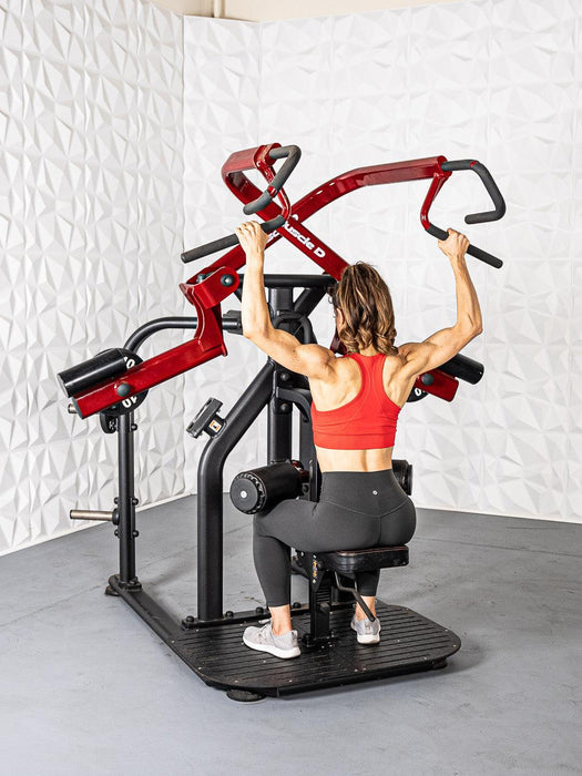 Muscle D Fitness Pro Strength Rotary Lat Pull-Down - Premium - Adjustable - Plate Loaded - Lat Training — full setup angle