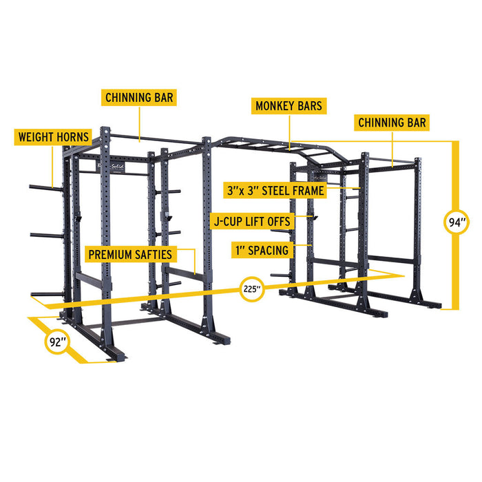 Body Solid Double Power Racks with Rear Extensions and Monkey Bars with Safety Straps SPR1000SSDBBACK angle view
