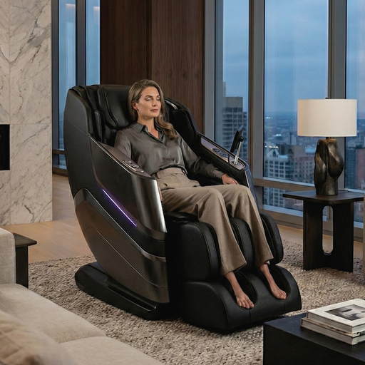 Titan TP-Epic 4D – 4D Massage Mechanism & SL massage chair upright in living-room setting