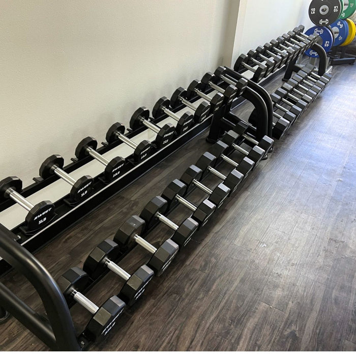 Muscle D Fitness Sweet 2-Tier Dumbbell Rack — grip and contact surface