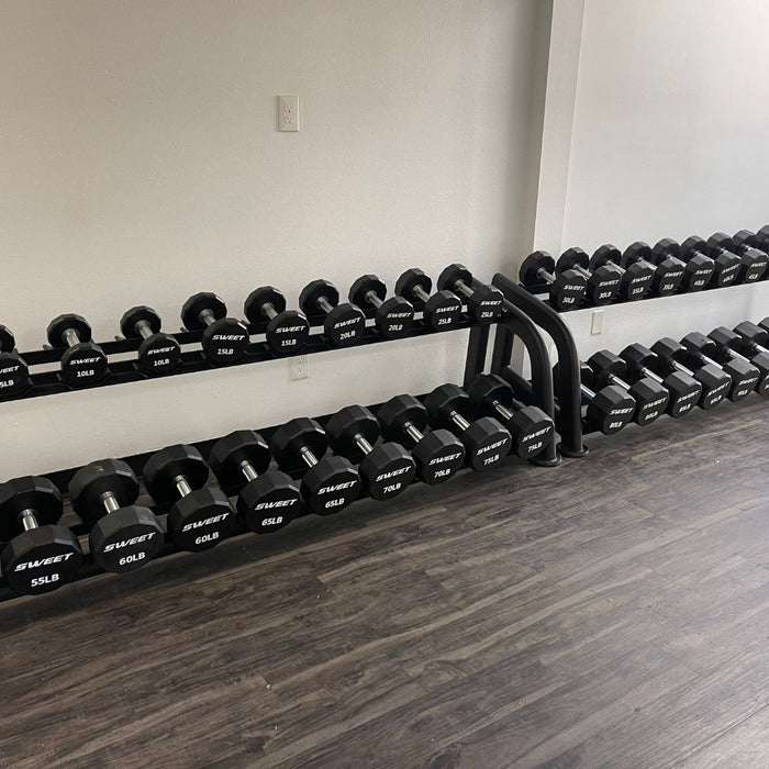 Muscle D Fitness Sweet 2-Tier Dumbbell Rack — full setup angle