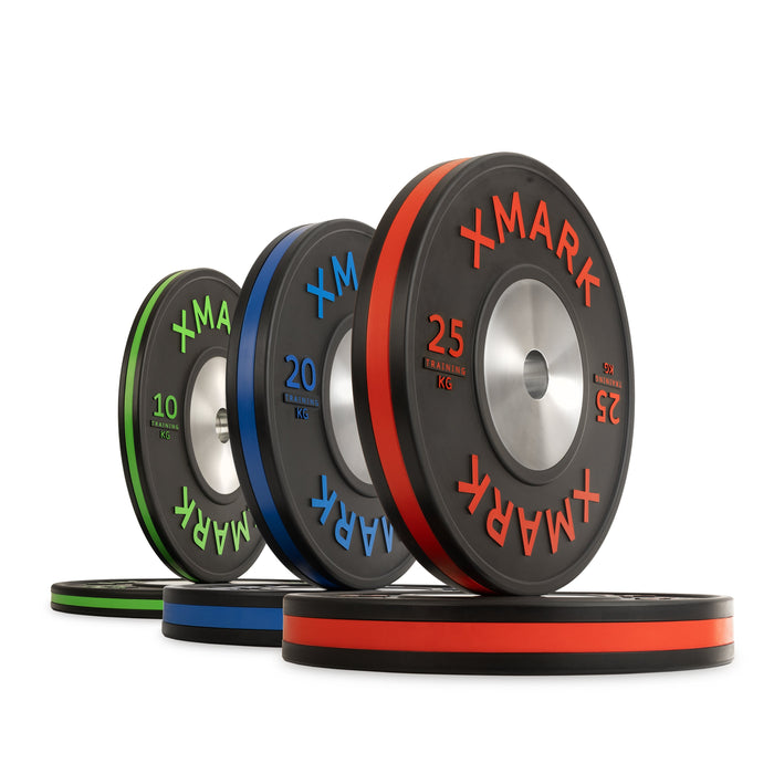 XMARK Striped Premium IWF Training Bumper Plates (KG) Pairs and Sets — side profile