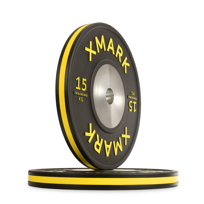 XMARK Striped Premium IWF Training Bumper Plates (KG) Pairs and Sets — grip and contact surface