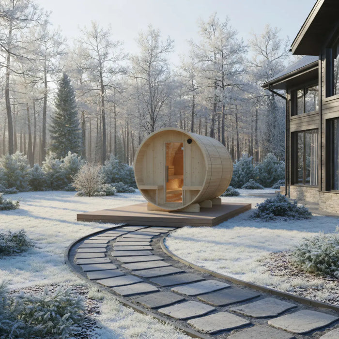 Finnish Sauna Builders Turku Finnish Barrel Sauna with Terrace and WiFi Heater - Finnish Sauna Builders — full room view