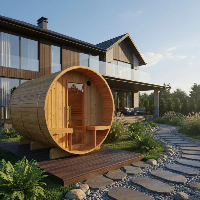 Finnish Sauna Builders Turku Finnish Barrel Sauna with Terrace and WiFi Heater - Finnish Sauna Builders — interior lighting