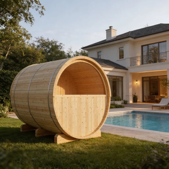 Finnish Sauna Builders Vassa Finnish Barrel Sauna with WiFi Heater - Finnish Sauna Builders — glass door detail