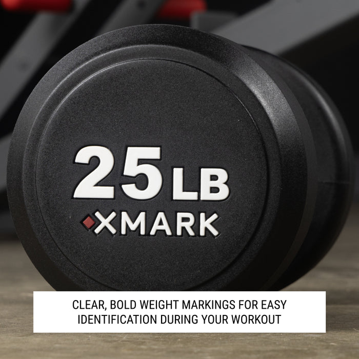XMARK Round Commercial Urethane Dumbbells  (5-50 lb and 5-75 lb Sets) — adjustment mechanism
