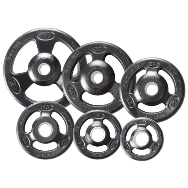 York Barbell 2″ Iso-Grip Rubber Encased Steel Olympic Plate Sets — front view