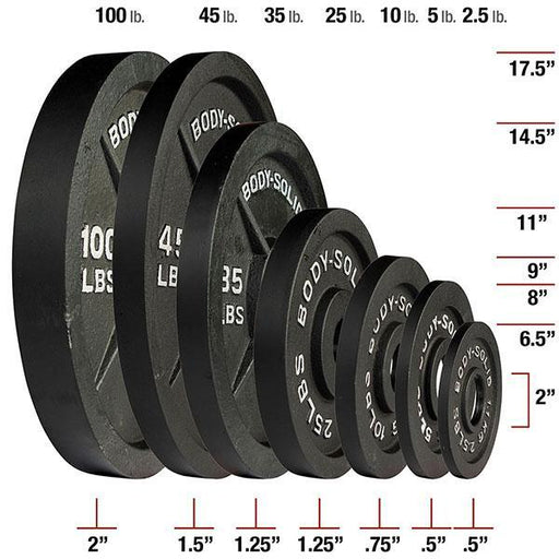 Body Solid 300Lb-500Lb Cast Olympic Plates Set - Osb 255 Lb. Iron Plate + 45Lb 7 Black Oly Bar Pair