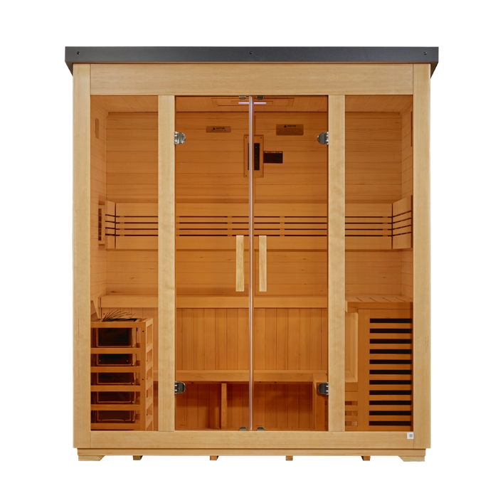 Golden Designs "Vorarlberg" 5 Person Traditional Outdoor Sauna Flat Roof Canadian Hemlock GDI-8005-01 — front view