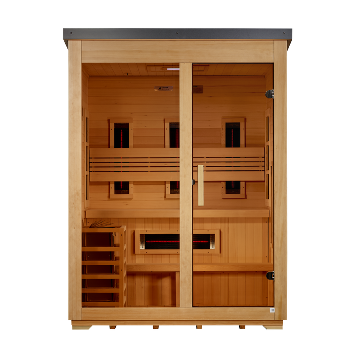 Golden Designs "Carinthia" 3 Person Hybrid Outdoor Sauna Flat Roof (Full Spectrum IR or Traditional Stove) GDI-8023-01 — front view