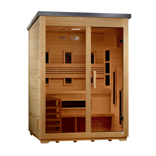 Golden Designs "Carinthia" 3 Person Hybrid Outdoor Sauna Flat Roof (Full Spectrum IR or Traditional Stove) GDI-8023-01 — front left view