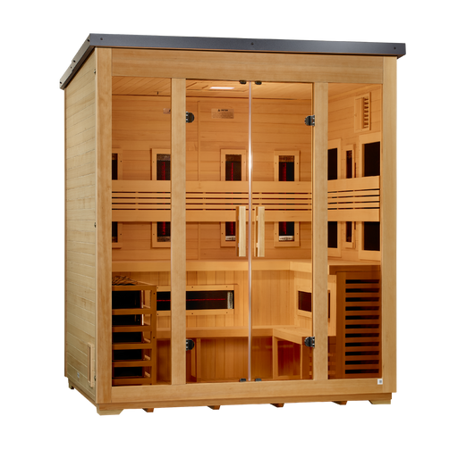 Golden Designs "Gargellen" 5 Person Hybrid Outdoor Sauna Flat Roof (Full Spectrum IR or Traditional Stove) GDI-8025-01 — front left view