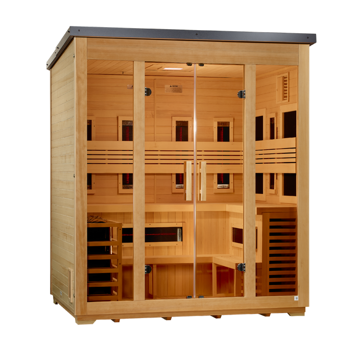 Golden Designs "Gargellen" 5 Person Hybrid Outdoor Sauna Flat Roof (Full Spectrum IR or Traditional Stove) GDI-8025-01 — front left view