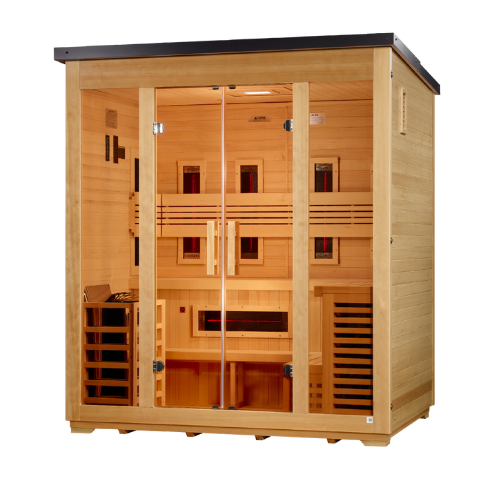 Golden Designs "Gargellen" 5 Person Hybrid Outdoor Sauna Flat Roof (Full Spectrum IR or Traditional Stove) GDI-8025-01 — front right view