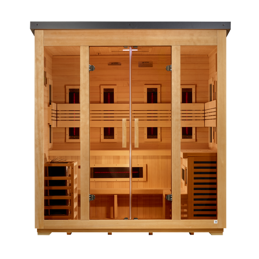 Golden Designs "Gargellen" 5 Person Hybrid Outdoor Sauna Flat Roof (Full Spectrum IR or Traditional Stove) GDI-8025-01 — front view