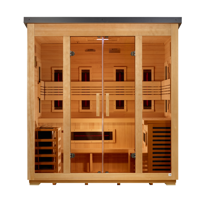 Golden Designs "Gargellen" 5 Person Hybrid Outdoor Sauna Flat Roof (Full Spectrum IR or Traditional Stove) GDI-8025-01 — front view