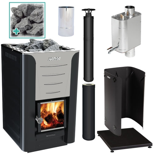 Harvia Pro 20 BK WH Pkg Wood-Burning Sauna Stove Package, 24kW