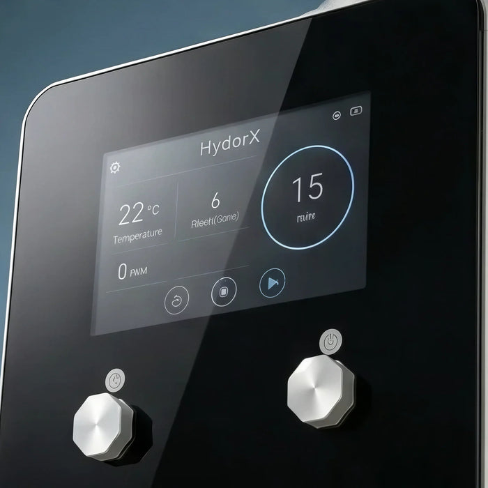 Close-up of the HydorX hydrogen bath machine touchscreen showing water temperature and session time