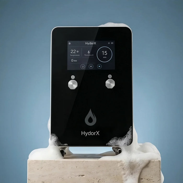 Front view of the HydorX hydrogen bath machine touchscreen and control knobs