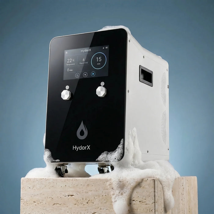 HydorX hydrogen bath machine with 6-inch touchscreen, three-quarter view