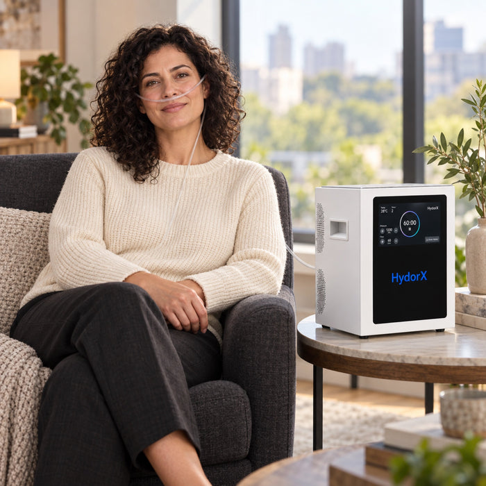 Woman relaxing in an armchair beside the HydorX hydrogen inhalation machine at home