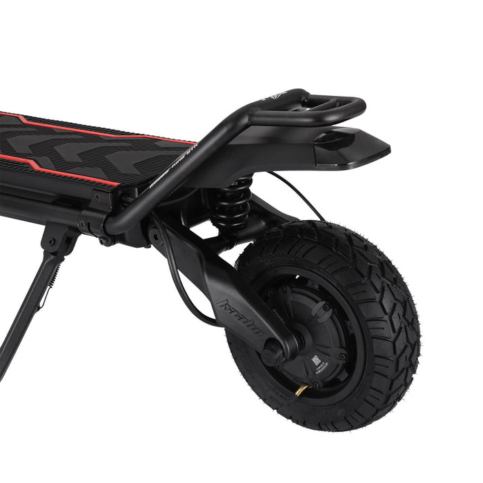 Kaabo GTR Max electric scooter front suspension with motorcycle-grade shocks, hydraulic braking system, and high-grip tire